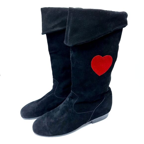 VTG 90s Jack Sprat Black Slouchy Suede Knee Boots Red Hearts Sz 8.5 S - Picture 2 of 9